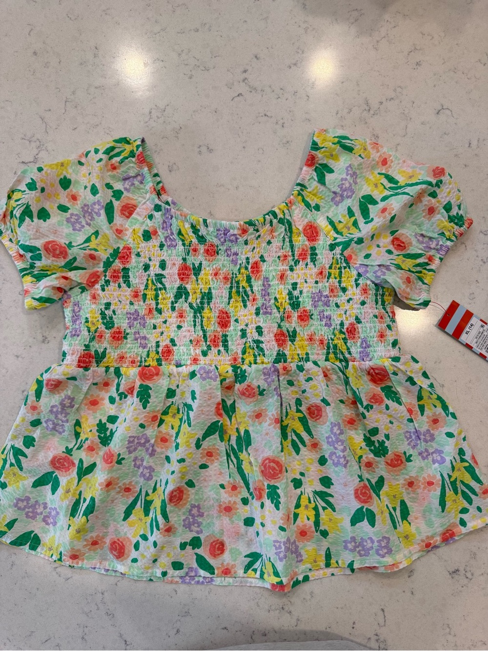 Cat & Jack White Floral Smocked Peplum Top with Green, Pink, Yellow & Purple